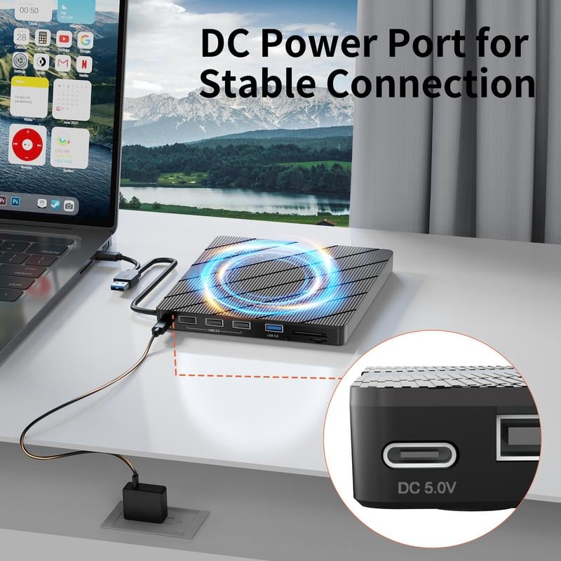 Laptop DVD Player USB C 3.0 Portable CD Burner with SD/TF Card Slot & 3 USB Ports Compatible with Mac, Windows, Linux