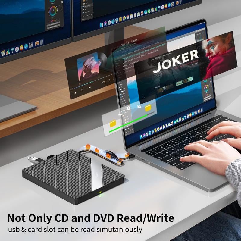 Laptop DVD Player USB C 3.0 Portable CD Burner with SD/TF Card Slot & 3 USB Ports Compatible with Mac, Windows, Linux